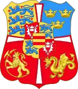 Armas reales de laUnión de Kalmar(1448-1523)Armas de Dinamarca, Suecia, Noruega (tercera partición) y "rey de los vándalos". En escusón: Holstein y Schleswig; sobre el todo, Oldemburgo.