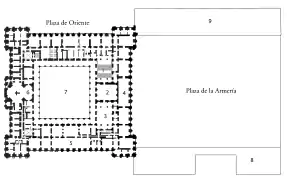 Palacio Real de Madrid, con la aneja Plaza de la Armería, espacio utilizado para paradas militares, recepciones protocolarias e incluso bodas reales.