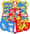 El escudo de armas del rey Cristián X de Islandia desde 1918 hasta 1944 y Dinamarca desde 1903 hasta 1947. Islandia está representada por el halcón de plata en la esquina inferior izquierda. El halcón fue retirado de las armas danesas en 1948.