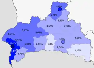 Rusos en la provincia     >10%     8–10%     5–8%     2–5%     <2%