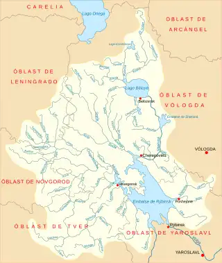 Yaroslavl en un mapa del embalse de Ríbinsk