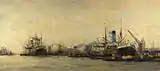 Hobbe Smith (1913): Gezicht op de IJhaven en de Javakade naar het westen, met een "blauwpijper" van de Nederlandsche Stoomvaart Maatschappij Oceaan-Havengezicht het IJ ten zuiden vd Handelskade, Museo de Ámsterdam.
