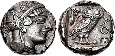 Tetradracma de Atenas clásica (la más común en el tesoro de Kabul). Ca. 454-404 a. C.