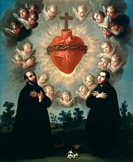 Sagrado corazón con san Ignacio de Loyola y san Luis Gonzaga. Óleo sobre cobre ca. 1770