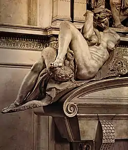 Escultura de Miguel Ángel representado a La noche. Tumba de Giuliano de Médicis, Sacristía Nueva de la basílica de San Lorenzo, Florencia