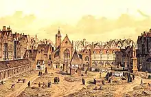 An engraving by Theodor Josef Hubert Hoffbauer of the Saints Innocents Cemetery and its church. The image shows the Rue Saint-Denis on the left, the church at the rear and the graveyard in the foreground. A burial is taking place.