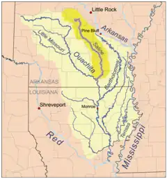 Noturus lachneri solo se encuentra en el Río Saline (en amarillo oscuro) y en otros pequeños afluentes del Río Ouachita, en Arkansas, EE. UU.