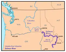 Mapa del río Salmón —afluente del Snake— que fluye íntegramente por Idaho