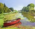 Peinture montrant au premier plan une barque d'un rouge très vif sur une grande étendue d'eau stagnante avec végétation et nénuphars, et au fond, des arbres et un ciel bleu