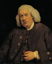 A half-length portrait of an elderly, and overweight, gentleman.  He wears a brown waistcoat and blazer, with gold buttons, a white collar, and a grey wig.  His left hand hovers close to his abdomen. The background is a dark, solid blue/black.