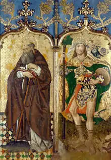 San Antonio y San Cristóbal, detalle del retablo mayor de la iglesia de San Benito de Calatrava (Sevilla), del taller de Juan Sánchez de Castro (ca. 1470).