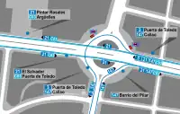 Mapa zonal de la estación de San Bernardo (Madrid) con los accesos al Metro y los recorridos de los autobuses de la EMT que pasan por ella, entre los que se encuentra la línea 21.