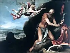San Jerónimo penitente en el desierto, de Alonso Cano, ca. 1660. A los elementos habituales de la iconografía (medita semidesnudo ante la cruz mientras empuña una piedra con la que se está mortificando, y a sus pies un libro abierto está sujeto por una calavera que hace de atril) se añade un ángel tocando la trompeta del Juicio Final, la "visión de San Jerónimo".