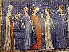 Miriam y las hebreas festejan haber cruzado el Mar Rojo. Hagadá de Sarajevo, 1350