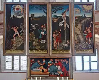 El llamado "retablo" o "altar Schneeberger" (Wolfgangskirche, Schneeberg), de Lucas Cranach el Viejo, 1532–1539 (vista anterior -recto-).