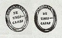 Sellos oficiales de la alcaldía y el Ayuntamiento de Trescasas en 1876, en uso hasta la aprobación del Escudo y Bandera de Trescasas en 2011