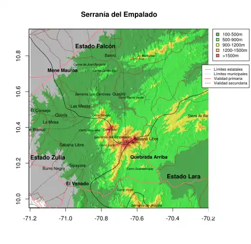 Ubicación de la Serranía del Empalado y el Cerro Socopo en la frontera entre los estados Zulia, Falcón y Lara, en Venezuela.