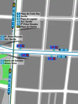 Mapa zonal de la estación de metro de Serrano con los recorridos de las líneas de autobuses, entre las que aparece el 9.