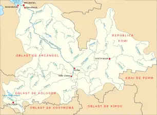 Mapa del Dviná Septentrional, donde aparecen varias ciudades de este óblast: Arcángel, Severodvinsk, Kotlas y Novodvinsk