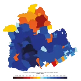 Crecimiento de la población de los municipios de Sevilla entre 2001 y 2011