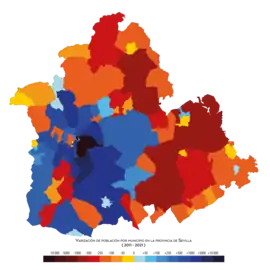 Crecimiento de la población de los municipios de Sevilla entre 2011 y 2021