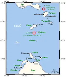 Mapa de las islas Shepherd donde se destacan los volcanes submanrinos