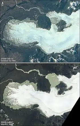 Estas dos imágenes con sólo siete años de diferencia muestran cambios visibles: la primera fue tomada por la tripulación del STS-068 en octubre de 1994; y la segunda por los tripulantes del Increment 4 de la Estación Espacial Internacional en febrero de 2002.