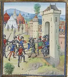 a colourful medieval image of a town under attack