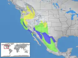 DistribuciónAmarillo = verano solamenteAzul = invierno solamenteVerde = todo el año