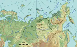 Mapa alemán de las regiones geomorfológicas rusas