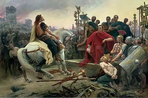 El caudillo galo Vercingétorix arroja sus armas a los pies del general romano Julio César tras el sitio de Alesia, 52 a. C. (pintura de Lionel Noel Royer).