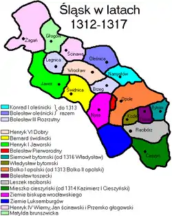 Ducado de Jawor (verde brillante) es reducido a su tamaño original en 1312.