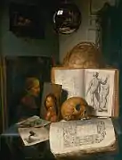 Vanitas con calavera, libros, grabados y pinturas de Rembrandt y Jan Lievens, con un reflejo del pintor en el trabajo (c. 1635-1640), Museo Nacional de Gdansk