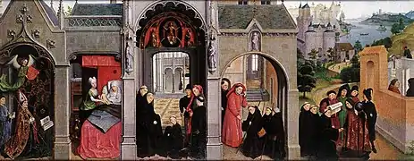 Detalle del Retablo de San Bertín ca. 1455-1459. A la izquierda se representa a Guillaume Fillastre, obispo de Tours y abad de Saint-Bertin de Saint-Omer, institución que encargó la obra.