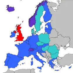      Eurozona     Otros miembros de la UE     Otros miembros del Espacio Económico Europeo, y Suiza     Microestados participantes     Reino Unido (Aun permanece en la SEPA después del Brexit)