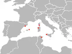 Distribucion de S. mediterraneaE.M. Lazaro, A.H. Harrath, G.A. Stocchino, M. Pala, J. Baguna, M. Riutort, Schmidtea mediterranea phylogeography: an old species surviving on a few Mediterranean islands?, BMC Evolutionary Biology. 11 (2011) 274.