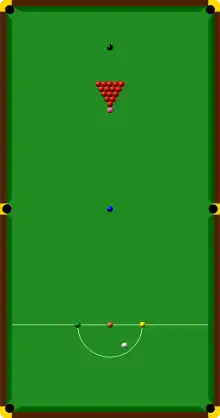 Una imagen generada por ordenador de una mesa de snooker vista desde arriba; está dibujada a escala, con las bolas colocadas en la posición inicial