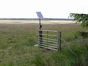 Valla eléctrica con energía solar, en Harwood Northumberland, Reino Unido.