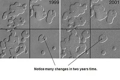 Cambios en la superficie del polo sur de 1999 a 2001, según lo visto por Mars Global Surveyor .