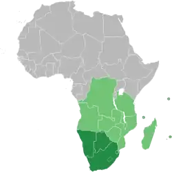 Estados miembros solo de la CDAA (verde claro). Estados miembros de la CDAA y la Unión Aduanera de África Austral (verde oscuro).