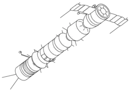 Diseño teórico de la Soyuz A-B-C. El dibujo muestra la Soyuz-A (derecha), Soyuz-B, y Soyuz-C (izquierda)