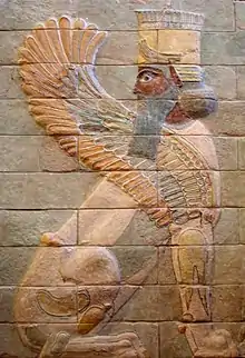 Criatura con cabeza de hombre, cuerpo de león y alas de águila, "lamassu," del palacio de Darío el grande, Susa