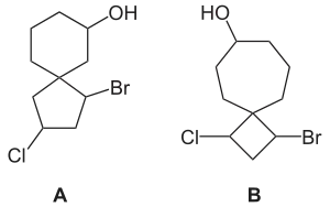 A: 1-Bromo-3-Cloro-Espiro[4.5]-decan-7-ol B: 1-Bromo-3-Cloro-Espiro[3.6]-decan-7-ol