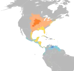      Área de nidificación     Área de nidificación (poco común)     En vuelo migratorio     Área de invernada     Área de invernada (poco común)