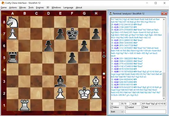 Stockfish 12 analizando la misma posición de la izquierda, mostrando análisis en una interfaz gráfica de usuario a través del protocolo UCI.