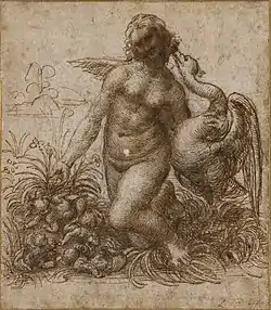 Del mismo autor, un tema mitológico fácilmente relacionable: Leda y el cisne, con sus cuatro hijos (en la versión llamada inginocchiata -"arrodillada"- o accovacciata -"acurrucada"-).