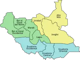 Mapa de los estados y regiones de Sudán del Sur. Ecuatoria en azul.