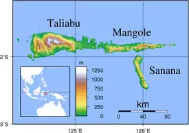 Mapa de la isla de Sanana, único lugar del mundo donde habita el Varanus obor.