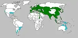 Mapa con los territorios habitados por jabalíes. En azul zonas de jabalíes introducidos.