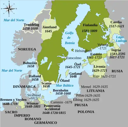 Mapa mostrando Suecia en el siglo XVII, incluyendo a Finlandia, los estados bálticos y Pomerania, Wismar y Bremen-Verden